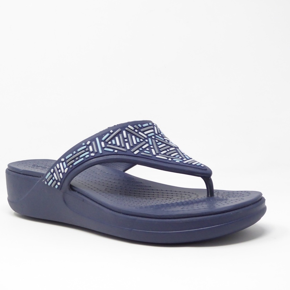 Crocs Womens Monterey Beaded Navy Blue Wedge Flip Flop Sandals Size 10